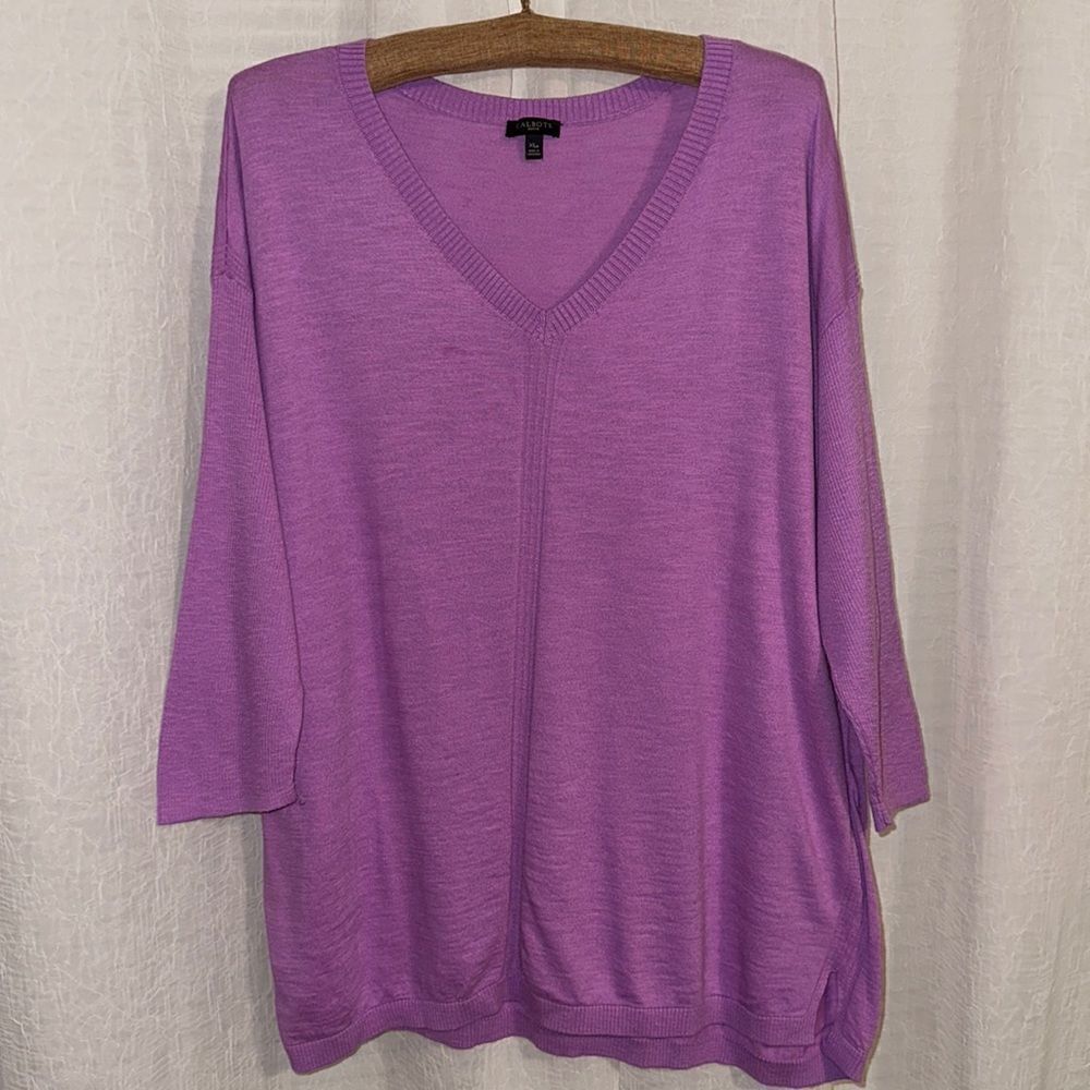 Talbots XLP Lavender V-Neck Pullover Lightweight Fine Knit 💯 Cotton Ribbed Sl